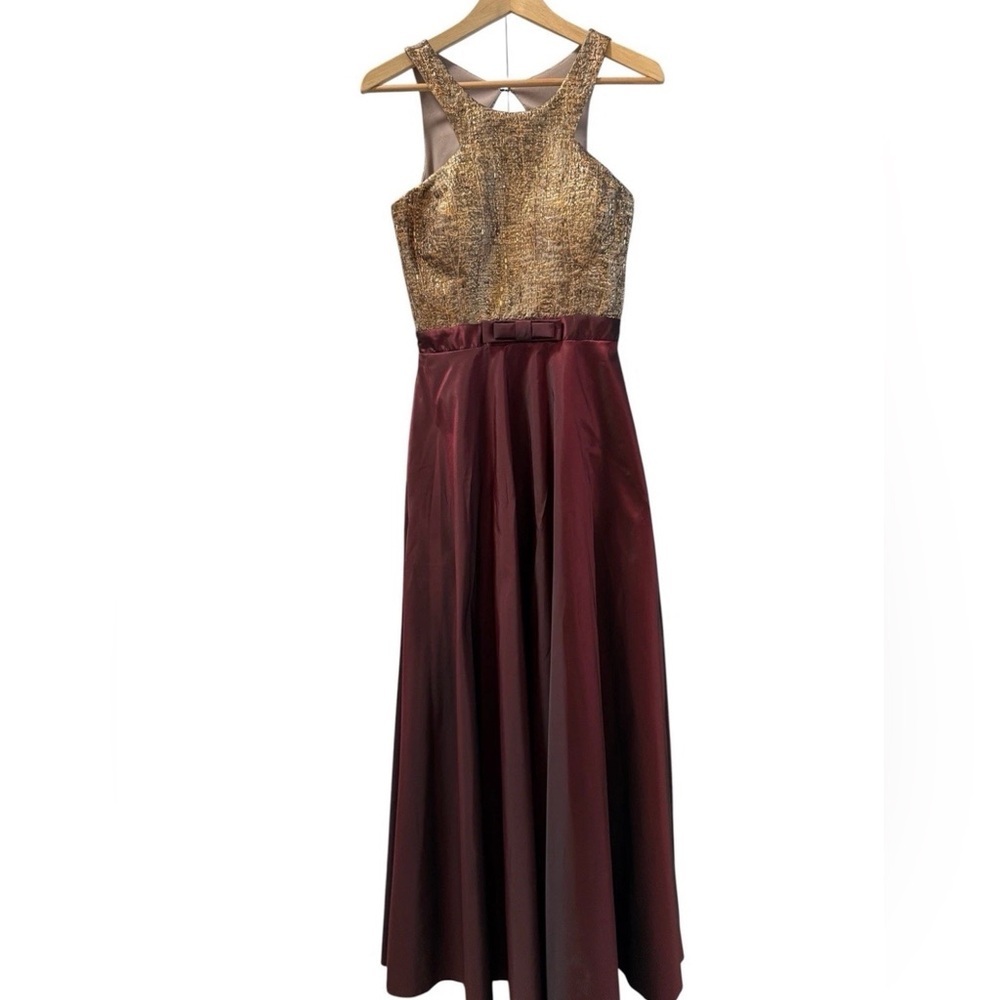 Gold & Burgundy Open Back Maxi Gown with Bow Accent | Size S
